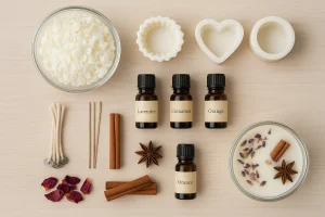 kit para velas con ceras, con cera para fundir, molde, esencia y decoraciones