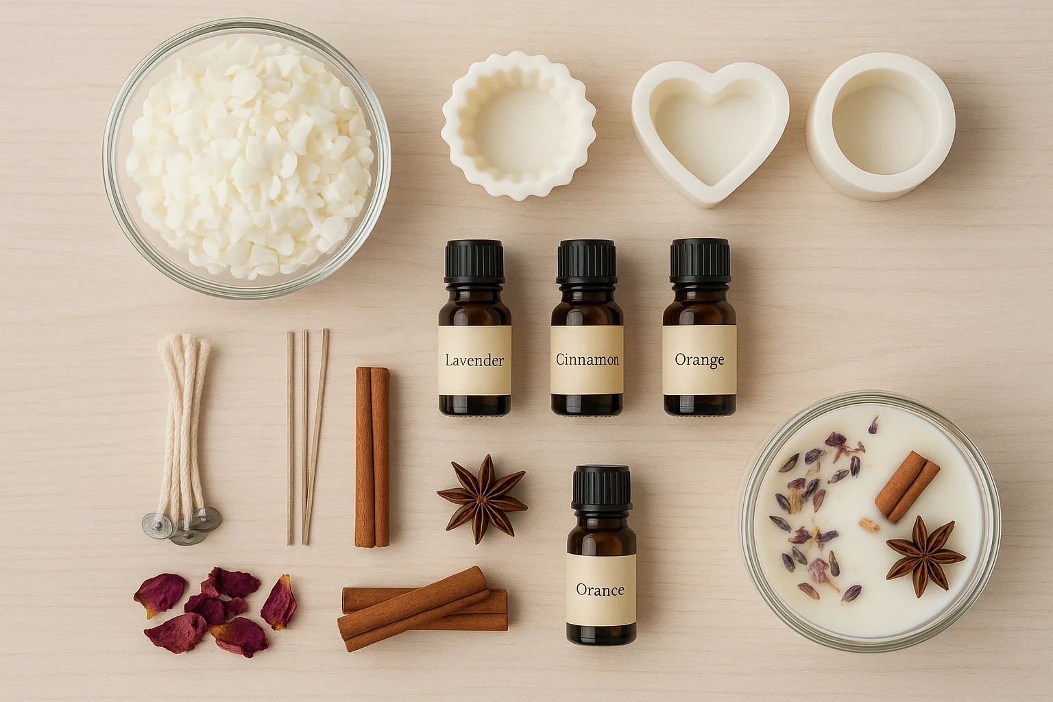 kit para velas con ceras, con cera para fundir, molde, esencia y decoraciones