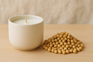 Vela de soja junto a una montaña de granos de soja.