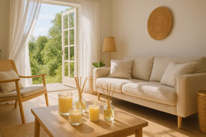 Habitación de colores neutros y tierras con sofá, sillas y una mesa central con velas y ambientadores